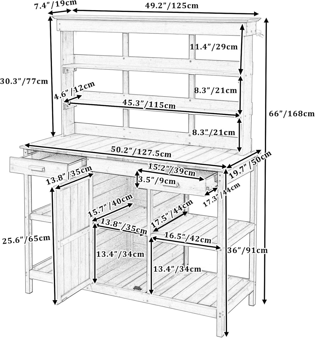 Polibi Potting Bench Table with 4 Open Shelves and 2 Drawers, 66" Large Farmhouse Wooden Outdoor Patio Workstation, Garden Potting Bench with Cabinet for Backyard, Mudroom (Brown, 66'')