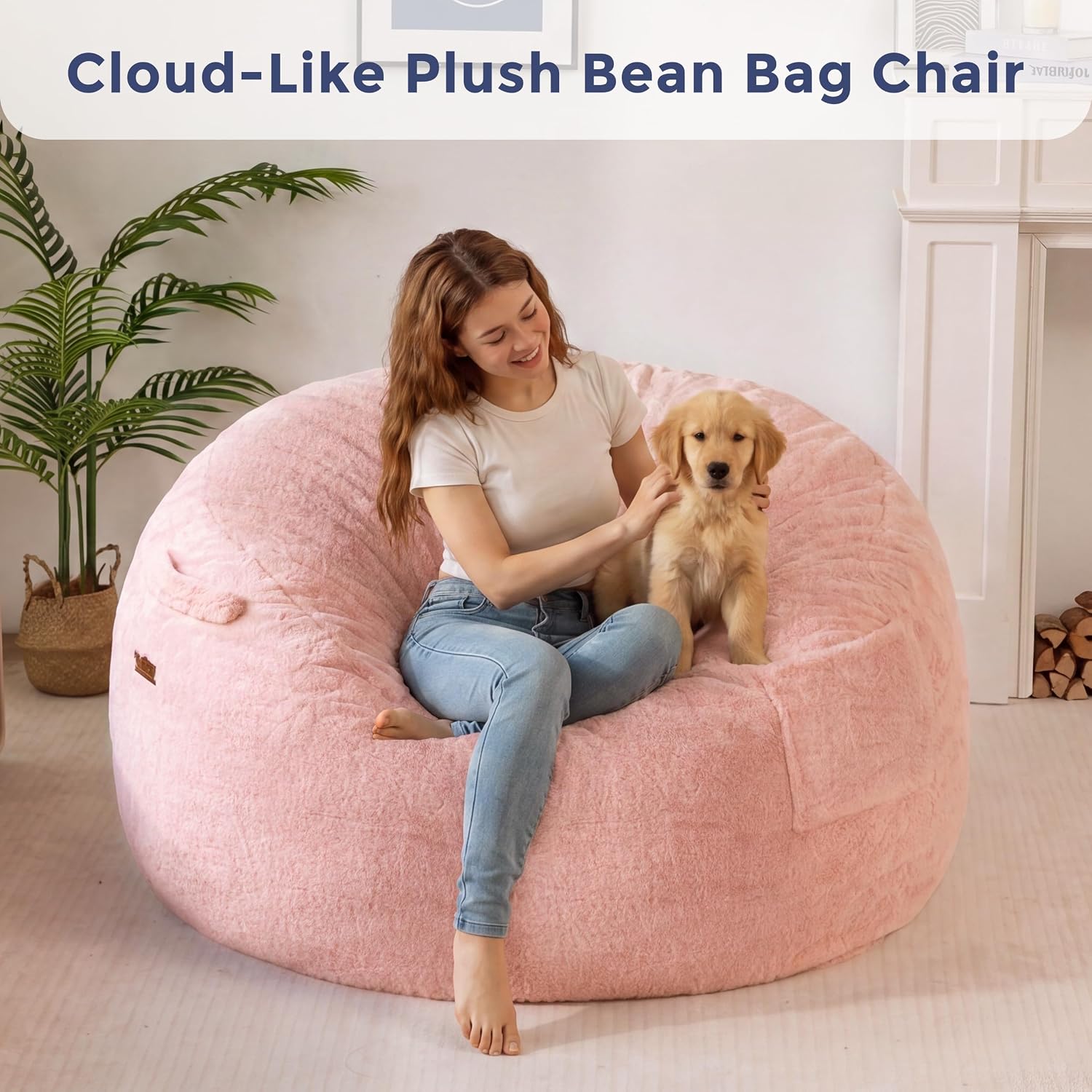 MAXYOYO Bean Bag Chair, Soft Bean Bag Sofa with Supportive Foam Filling | Plush Bean Bag Sofa with Supportive Foam Filling, Floor Sofa Seat with Side Pocket and Washable Cover, Pink, 3FT