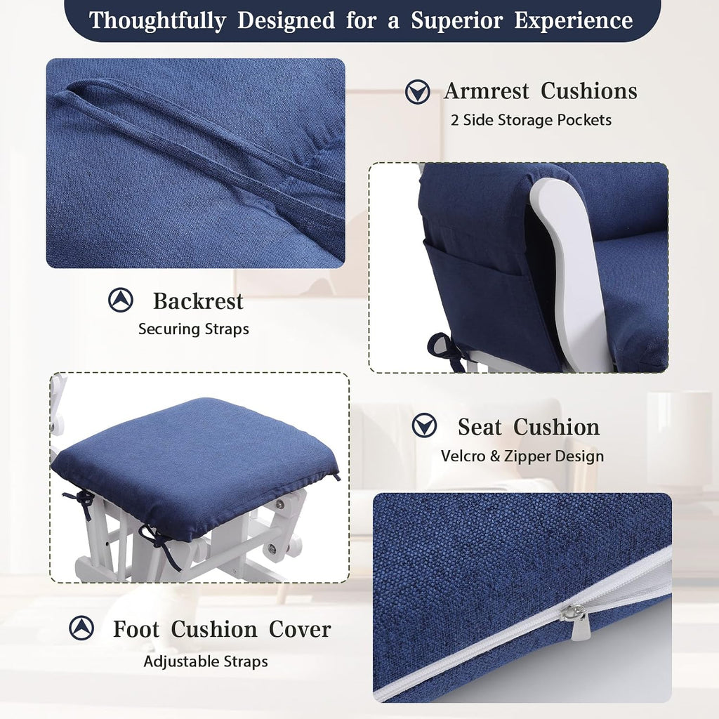ANMINY 5pcs Glider Rocker Replacement Cushions Set - Thickened Glider Rocking Chair Cushions with 29.5 inch High Backrest & Side Pockets for Indoor Nursery, Washable & Non Slip, Blue