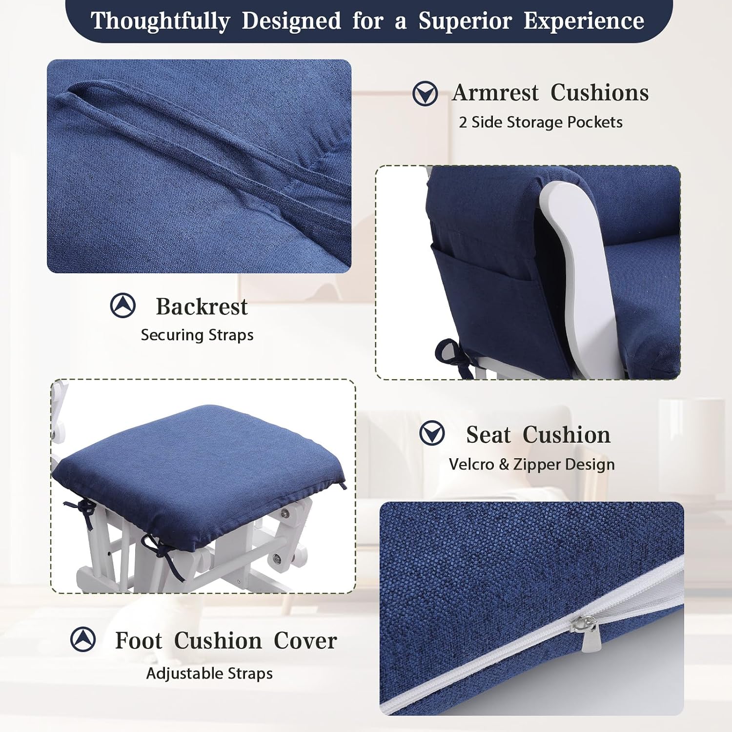 ANMINY 5pcs Glider Rocker Replacement Cushions Set - Thickened Glider Rocking Chair Cushions with 29.5 inch High Backrest & Side Pockets for Indoor Nursery, Washable & Non Slip, Blue