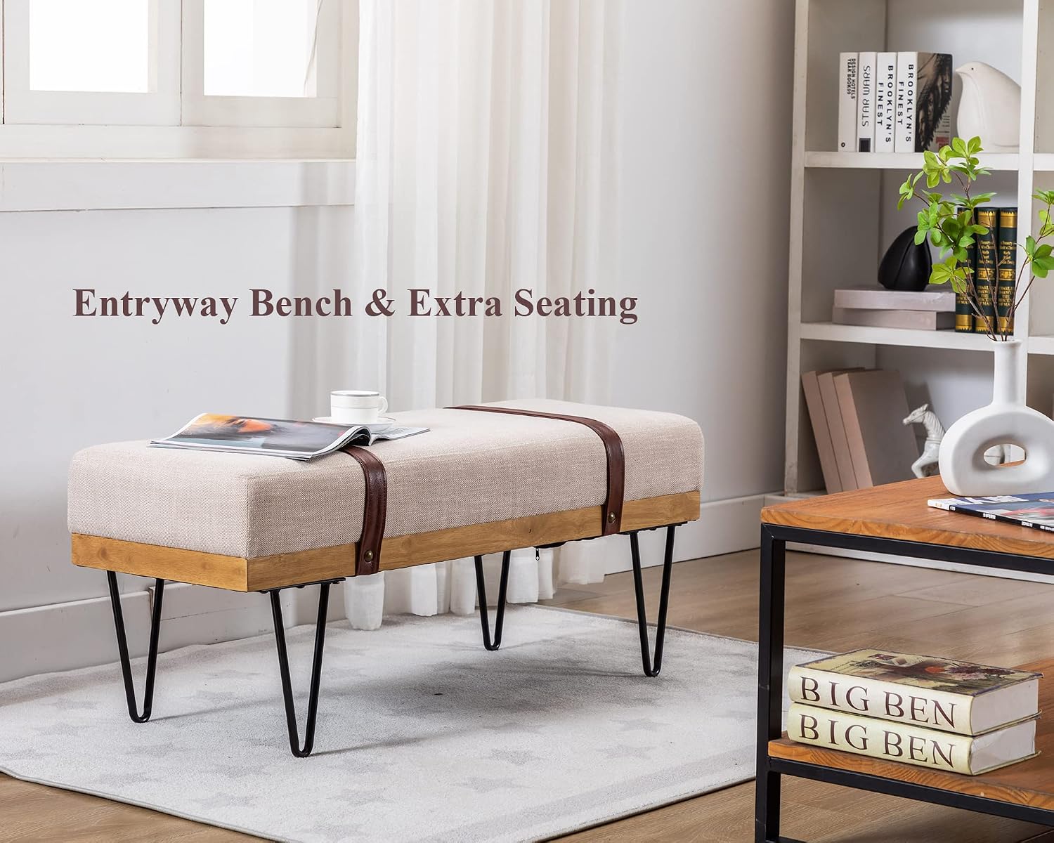 DUOMAY Industrial Modern Linen Rectangle Ottoman Bench with PU Strap and Metal Legs, Mid Century Dining Table Bench Footstool Entryway Shoe Bench for Bedroom Dining Room Living Room, Beige