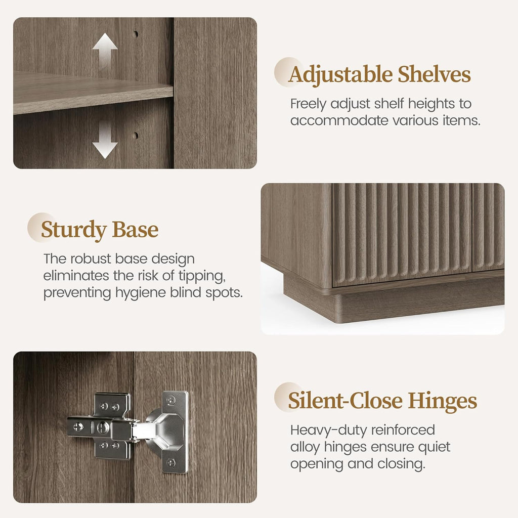 PAPROOS 55" Modern Fluted Sideboard Buffet Cabinet, Space-Saving Storage Credenza for Home Coffee Bar, 4-Door Accent Furniture with Adjustable Shelves for Clutter-Free Living (Brown Gray)