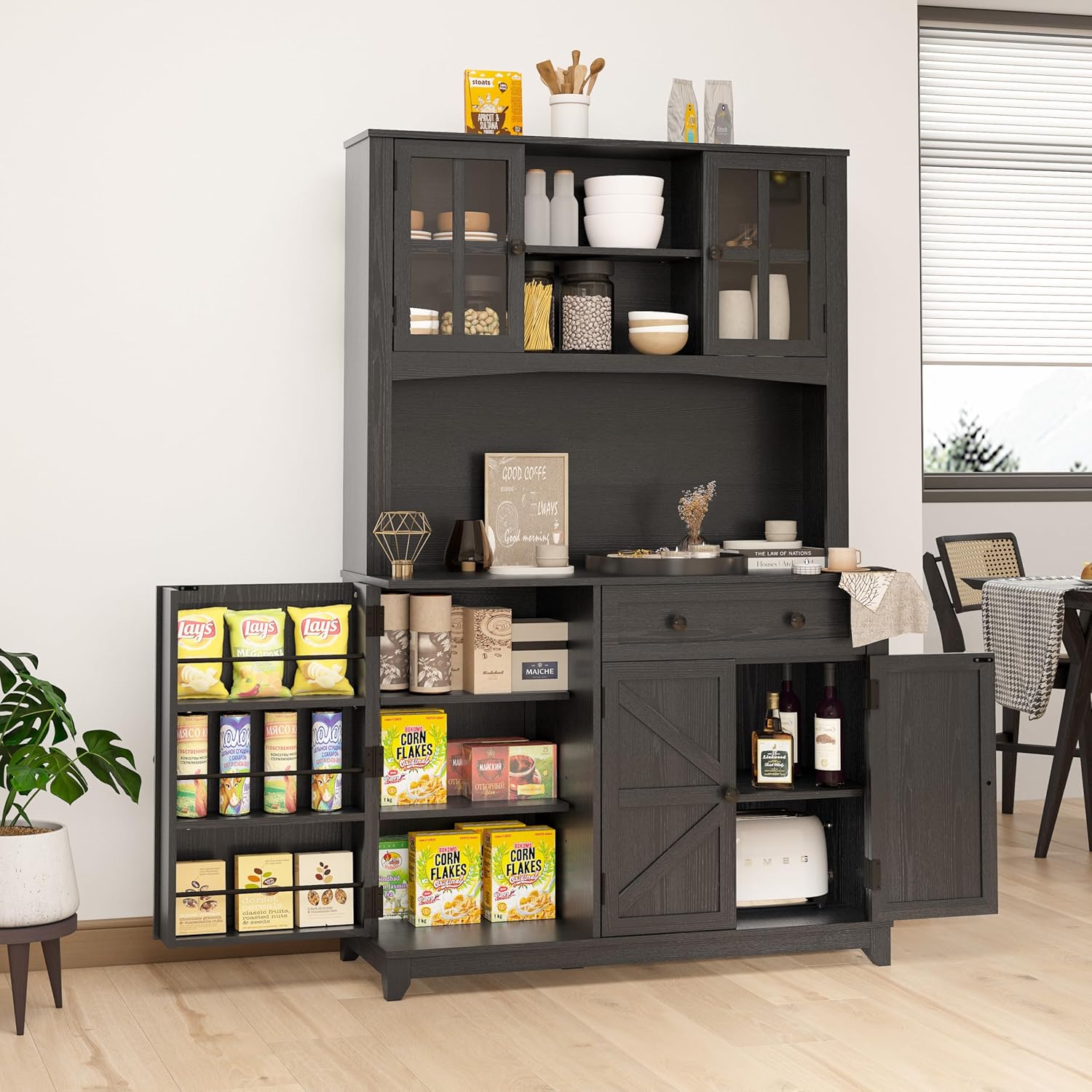 68" Pantry Cabinet with Charging Station, Kitchen Pantry Storage Cabinet with Microwave Stand, Kitchen Hutch Cabinet with Storage Drawers, Food Pantry Cabinets with Countertop for Dining Room(Black)