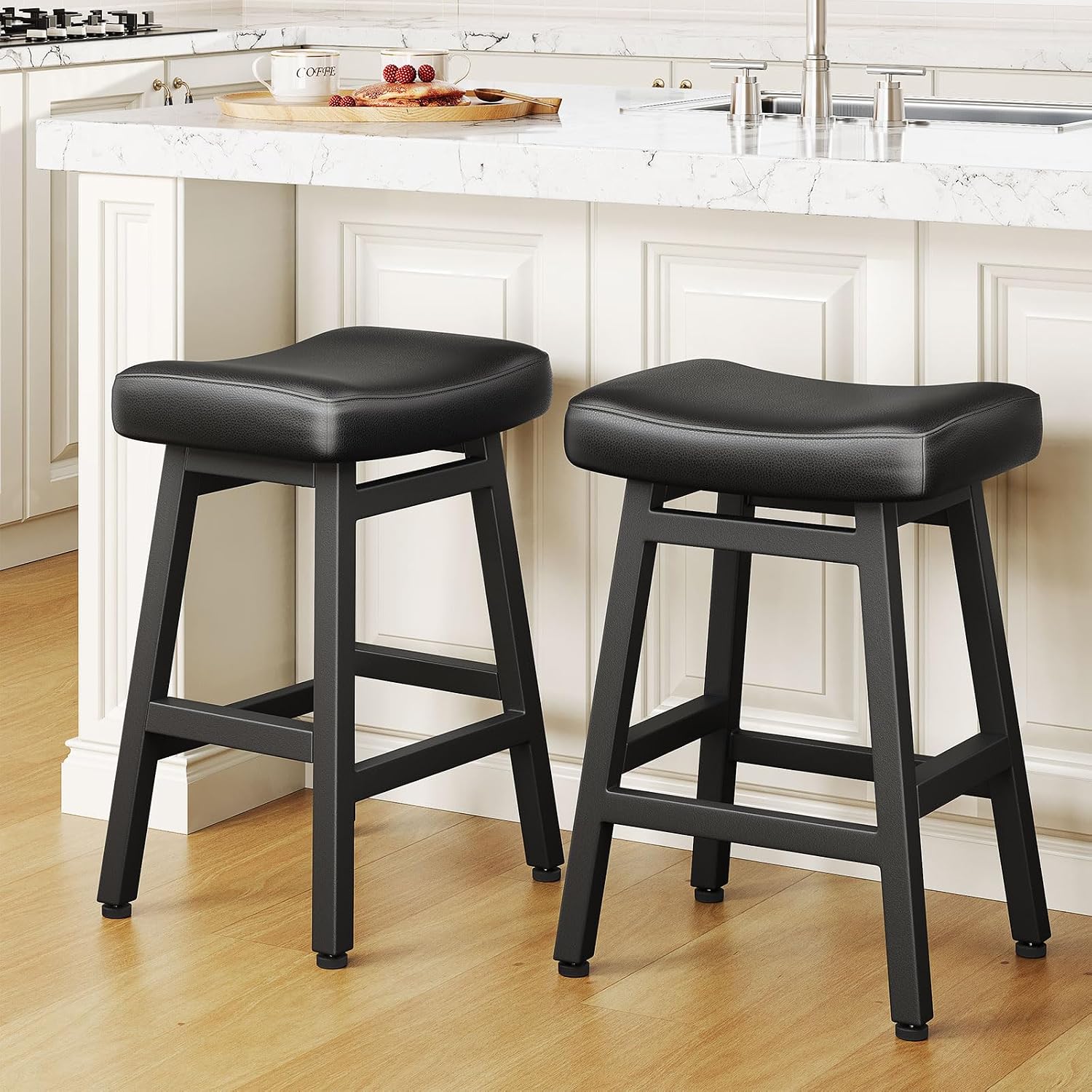 Raynesys 24 Inche Bonded Leather Counter Height Bar Stools Set of 2 Curved | Barstools with Curved Bonded Leather Seats & Heavy Duty Metal Legs for Kitchen Counter, Easy Assembly, All Black