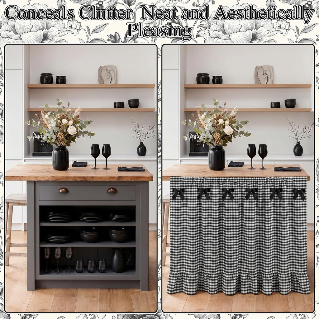 Tudomro Cabinet Curtains 56" x 28" Sink Skirt for Bathroom Kitchen Office Desk Black Ruffle Gingham Cabinet Curtains for Classroom Office Home Drape Under Desk Privacy Drape for Laundry Room