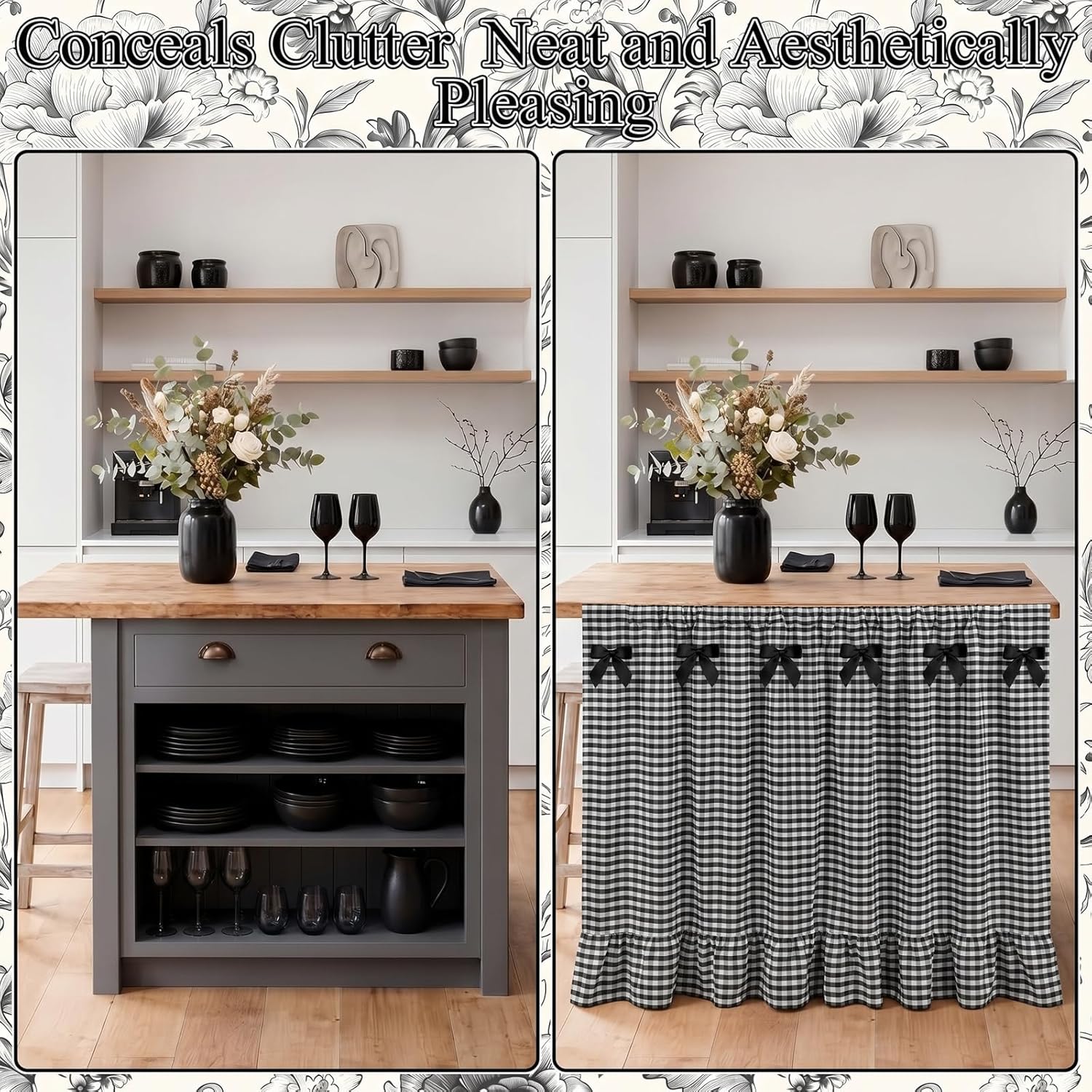 Tudomro Cabinet Curtains 56" x 28" Sink Skirt for Bathroom Kitchen Office Desk Black Ruffle Gingham Cabinet Curtains for Classroom Office Home Drape Under Desk Privacy Drape for Laundry Room