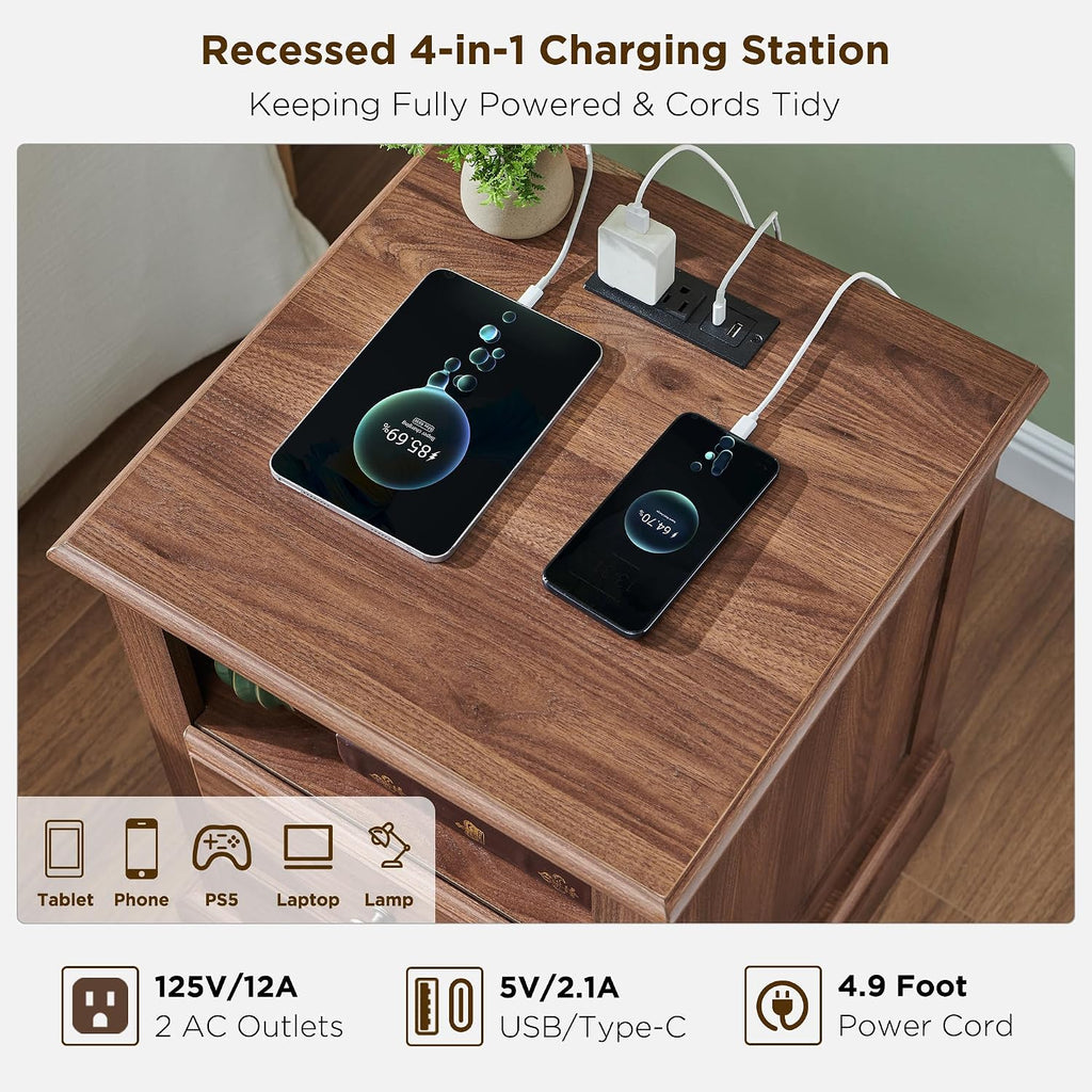 T4TREAM Nightstand Set of 2 with Charging Station, 18" W Vintage End Table with 2 Drawers & Open Storage Shelf, Wood Rustic Sofa Side Table for Living Room, Bedroom, Light Walnut
