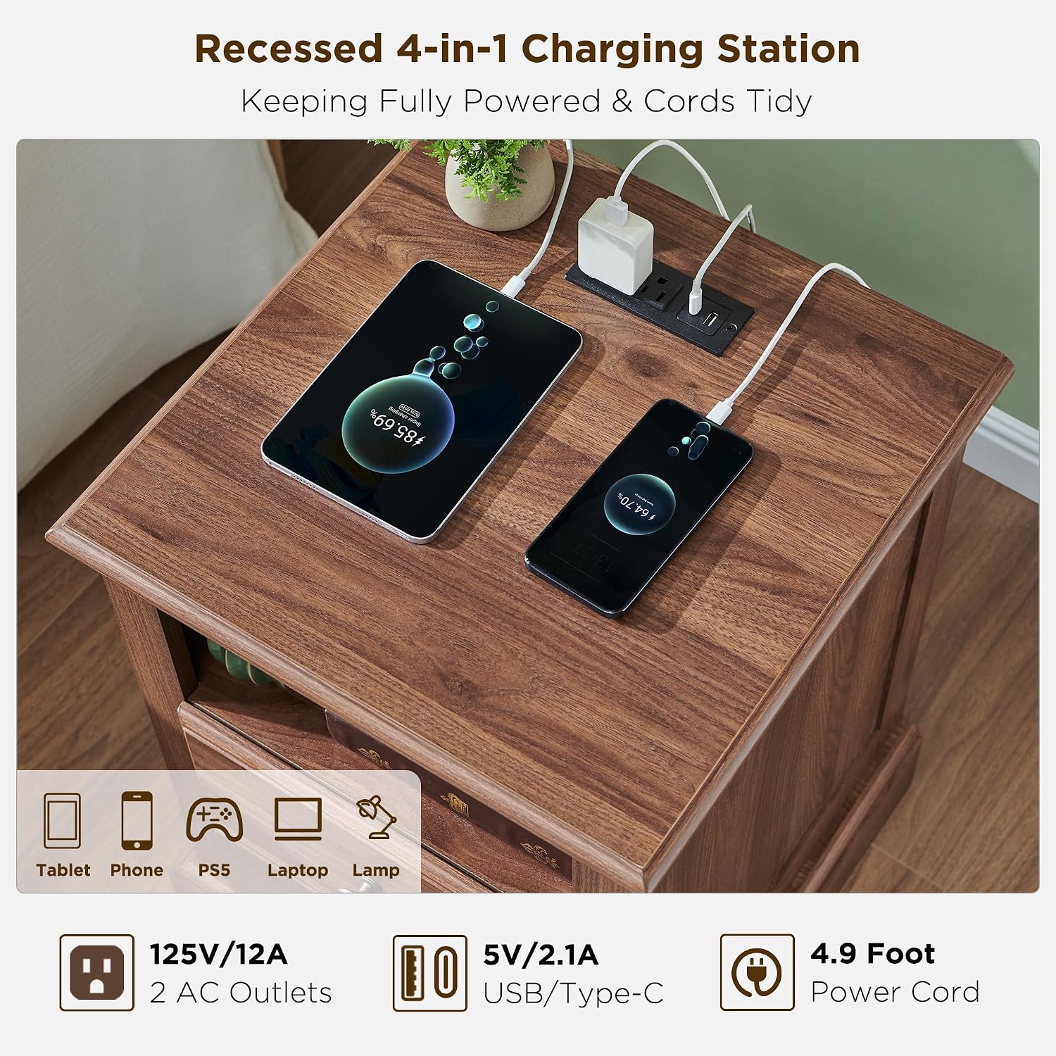 T4TREAM Nightstand Set of 2 with Charging Station, 18" W Vintage End Table with 2 Drawers & Open Storage Shelf, Wood Rustic Sofa Side Table for Living Room, Bedroom, Light Walnut
