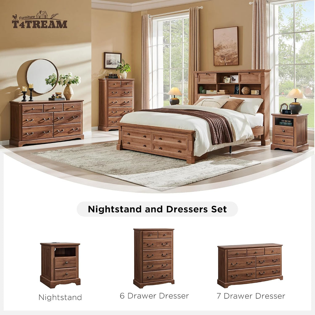 T4TREAM Nightstand Set of 2 with Charging Station, 18" W Vintage End Table with 2 Drawers & Open Storage Shelf, Wood Rustic Sofa Side Table for Living Room, Bedroom, Light Walnut