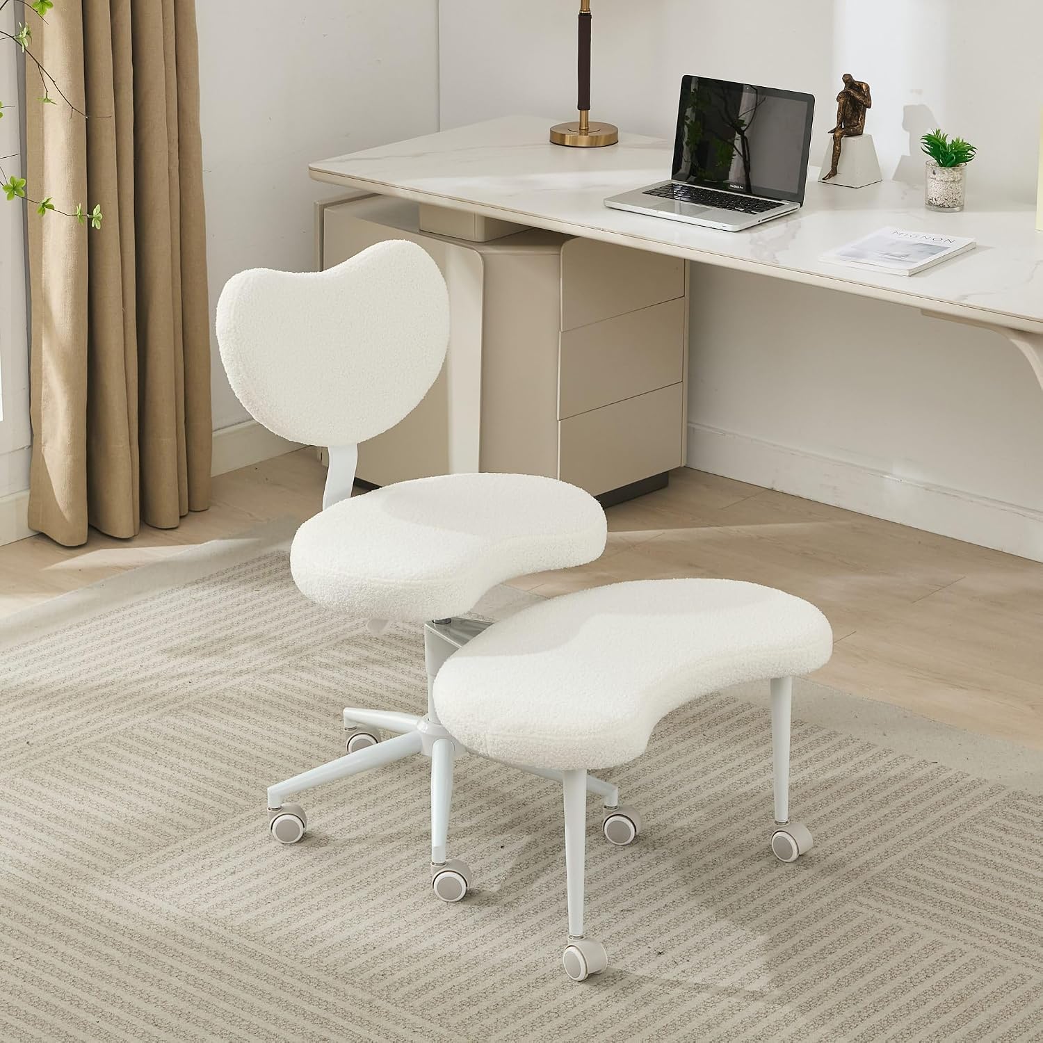 Cross Legged Office Chair with Wheels–360°Swivel Meditation Chair, Adjustable Height Yoga Office Chair for Adults, Ergonomic Kneeling Chair with Back Support for ADHD,Teddy Fabric Ivory