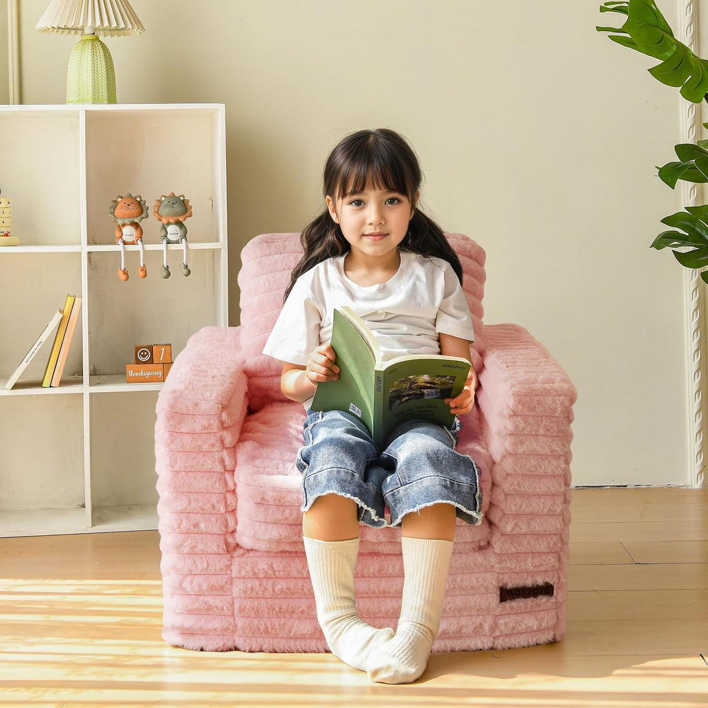 MAXYOYO Kids Bean Bag Chair, Comfy Upholstered Bean Bag Sofa with Filler | Faux Fur Floor Sofa with Pillows and Armrests, Lazy Floor Chair Couch for Boys and Girls, Pink