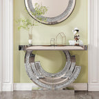 Silver Mirrored Console Table, 43" Modern Entryway Tables with Crushed Diamond lnlay, 3C-Shaped Luxury Mirrored Sofa Table Behind Couch Foyer Hallway Tables for Living Room Entrance