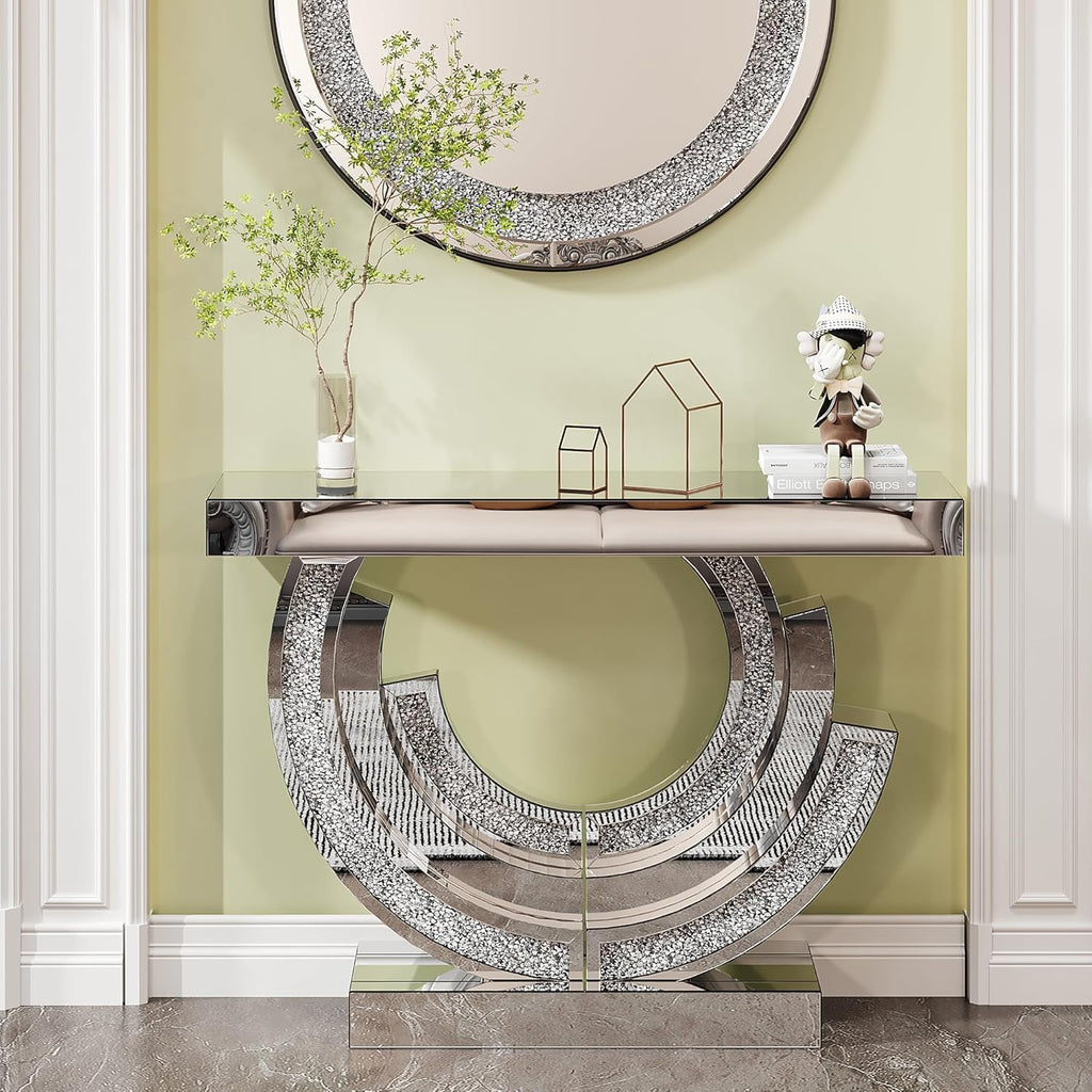 SSLine Mirror Console Table for Living Room 43" Modern Mirrored Entryway Table with Crystal 3-Ring Shape Base Luxury Silver Foyer Tables for Entryway Hallway