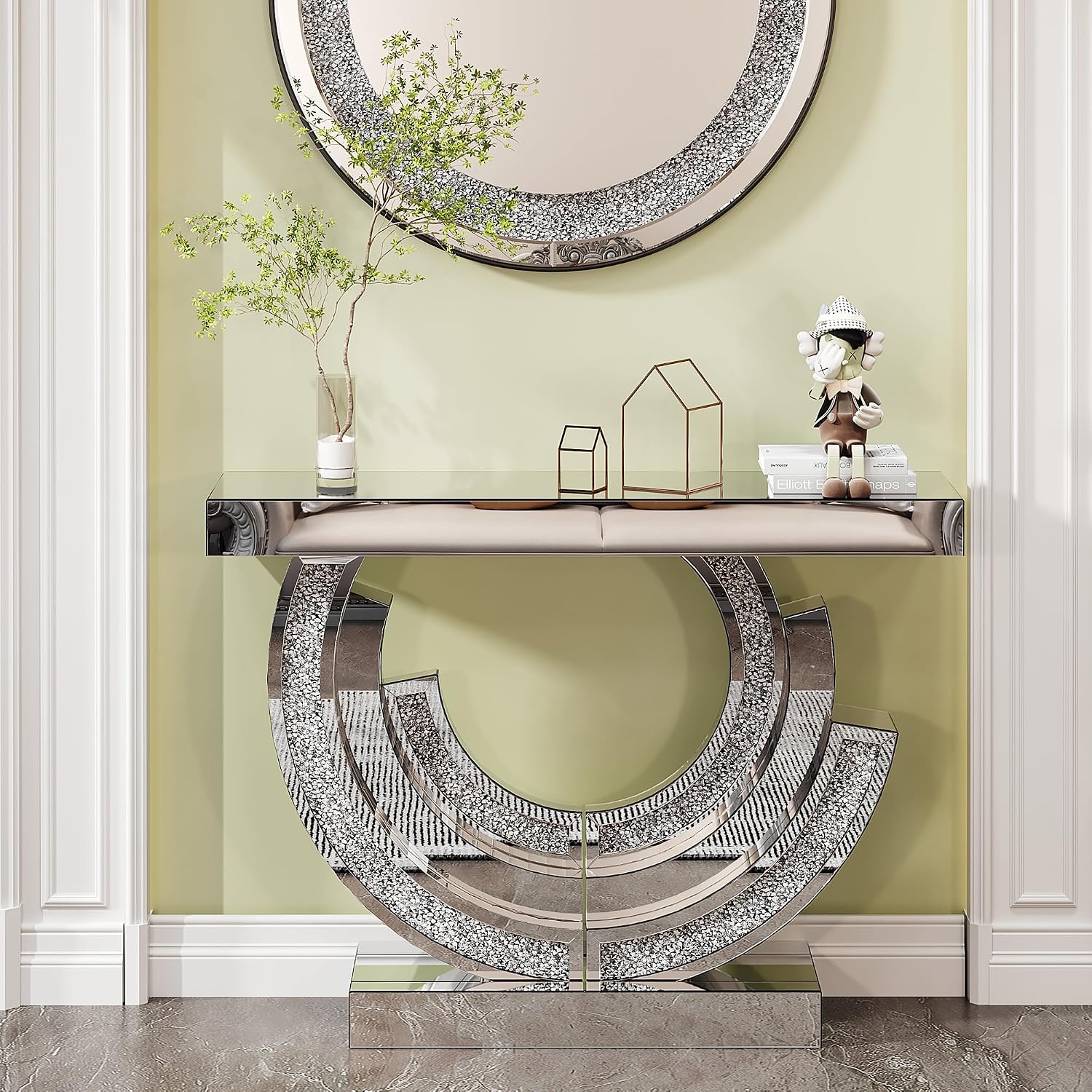 Silver Mirrored Console Table, 43" Modern Entryway Table with Crushed Diamond lnlay, 3C-Shaped Shiny Mirrored Sofa Table Behind Couch Foyer Hallway Tables for Living Room Entrance