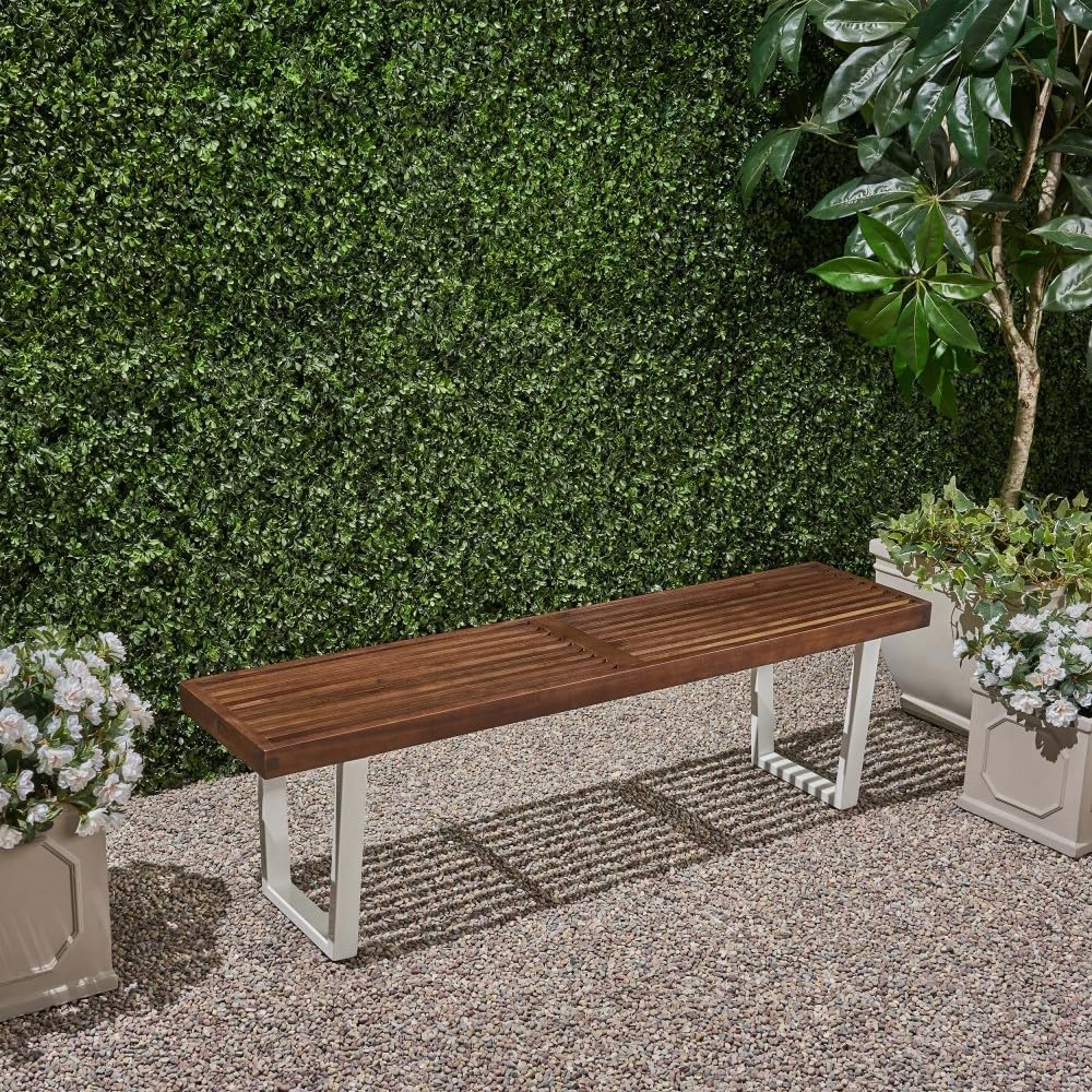Modern Acacia Wood Dining Bench with Black Iron Legs, Contemporary Outdoor Patio Seat for Garden, Deck or Kitchen (Brown White + Acacia Wood)