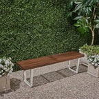 Modern Acacia Wood Dining Bench with Black Iron Legs, Contemporary Outdoor Patio Seat for Garden, Deck or Kitchen (Brown White + Acacia Wood)