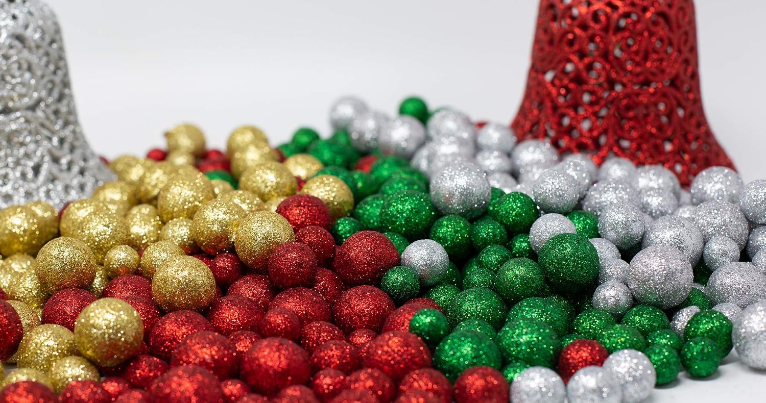 Multi Colored Glitter Foam Vase Fillers, 5 Bag Set – Silver, Red, Green, Gold & White Decorative Foam Balls, 3/8"–3/4", Bowl Fillers, Centerpiece Filler, Party Décor, Christmas & Holiday Craft Balls