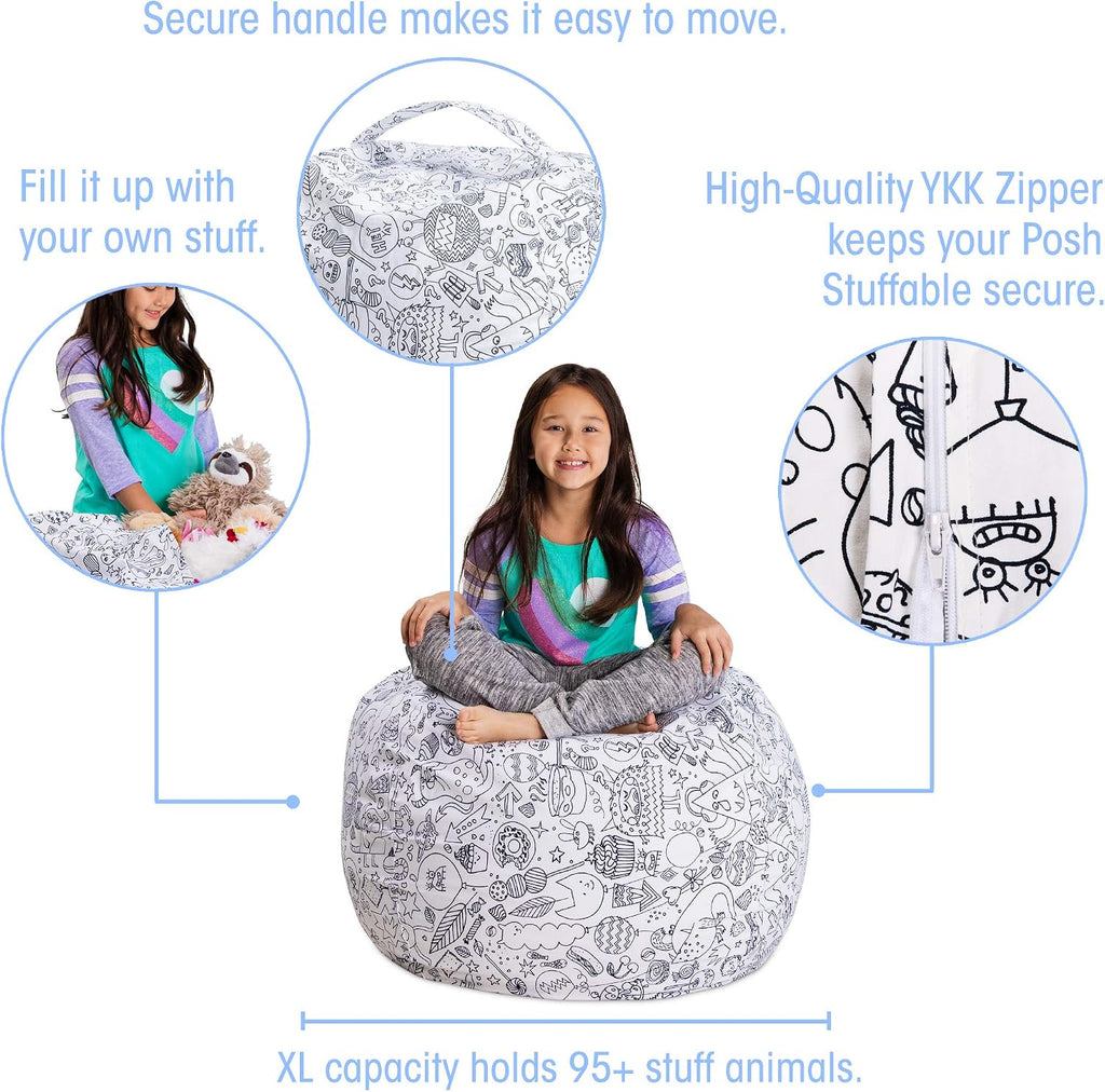 Posh Stuffable Kids Stuffed Animal Storage Bean Bag Chair Cover - Childrens Toy Organizer, Large 38" - Canvas Fun Creatures Coloring Fabric