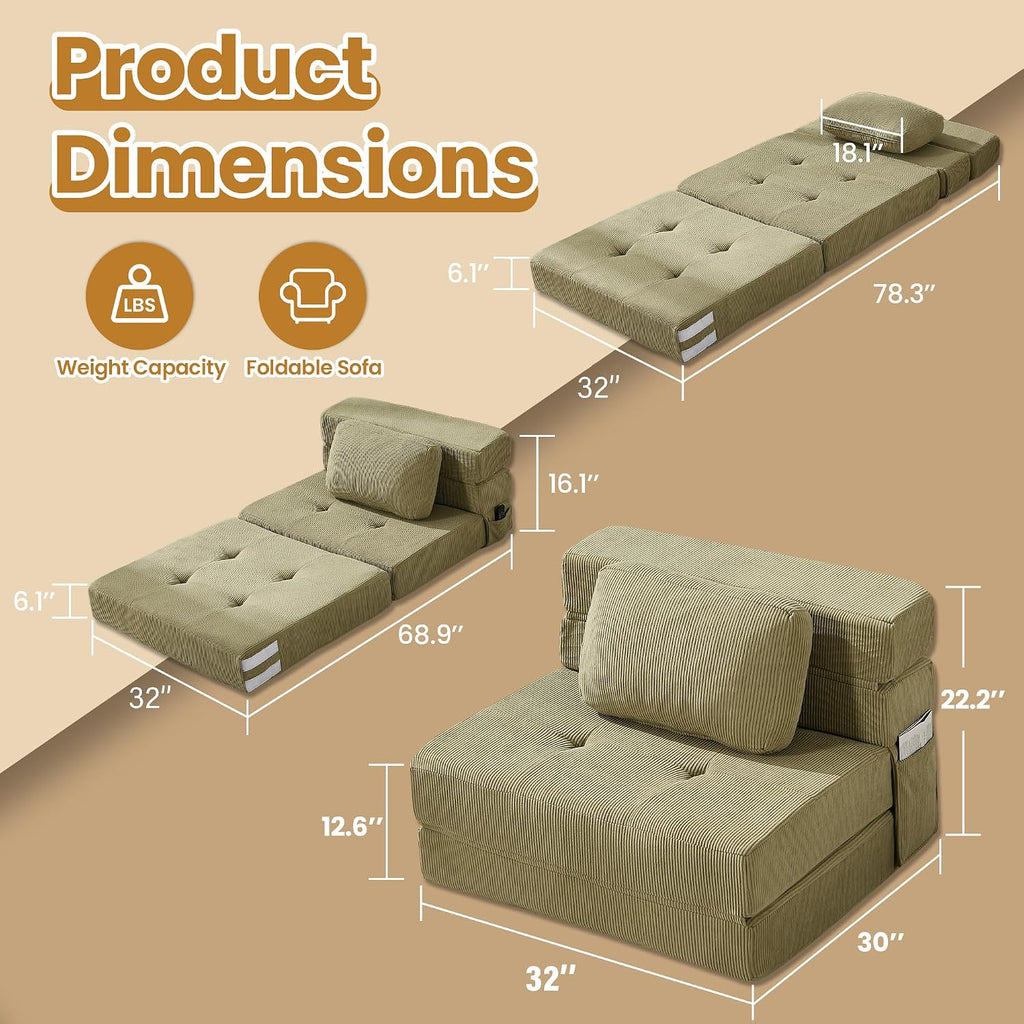 Folding Sofa Bed Convertible Sleeper Sofa with Pillow Modern Tufted Folding Couch Bed Lazy Chair Floor Futon for Living Room Bedroom Apartment Guest Room Green 32IN