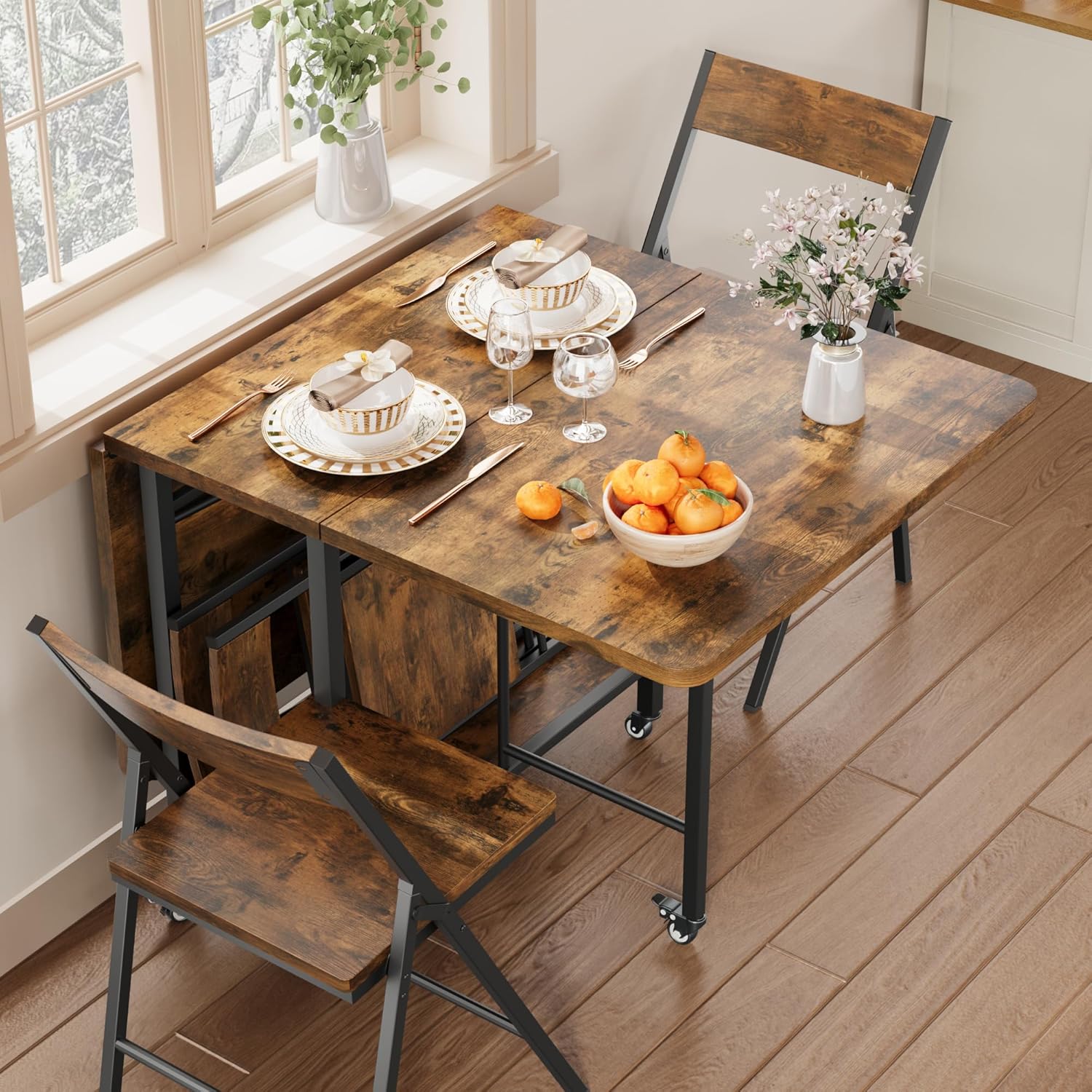 Garvee Dining Table Set for 4,Foldable Dining Table with 4 Foldable Chairs, Rectangle Space Saver Table and Chairs Set with Swivel Wheels, for Small Space,Apartment,Kitchen,Dining Room, Rustic Brown