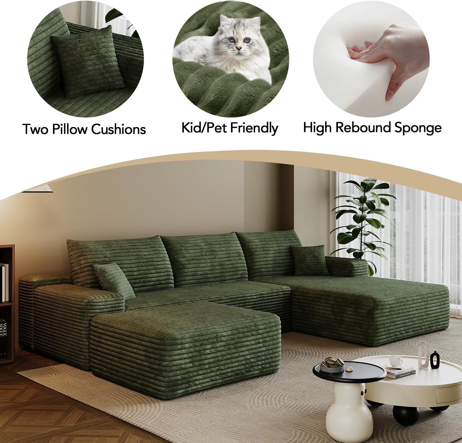 107.7" Boneless Sectional Couch Modern Modular U - Shape Corduroy Upholstered Sofa for Living Room - Deep Seat with Chaise and Ottoman(Green, 2 Seater+Right Facing Chaise+Ottoman)