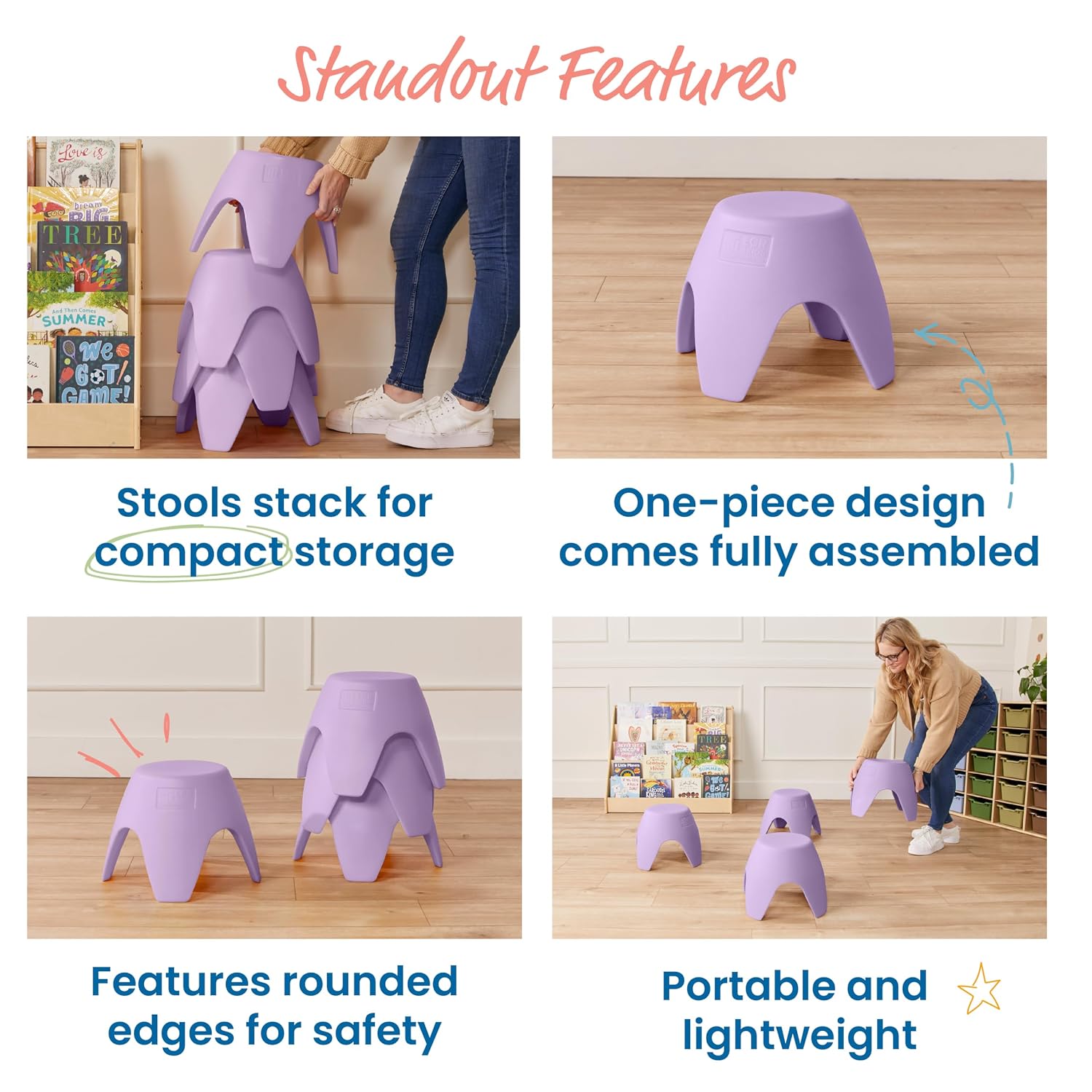 ECR4Kids Ayana Stackable Plastic Stool Seating Set, Children's Furniture, Light Purple, 4-Pack