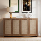 OAKHAM HOME 4 Door Rattan Sideboard Buffet Cabinet with Adjustable Shelves 61" Boho Farmhouse Storage Credenza for Living Room Kitchen & Entryway, Brown Wood Finish