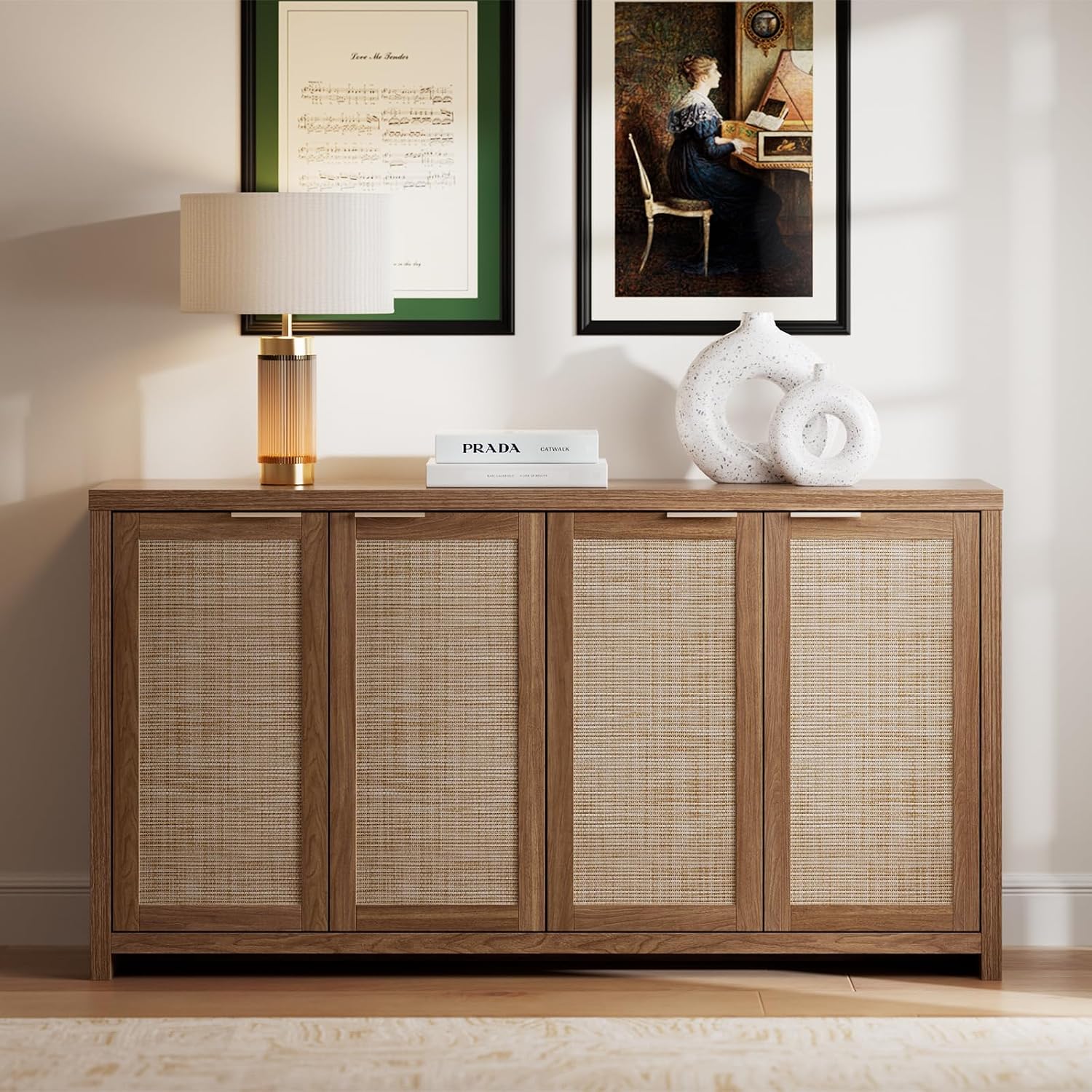 OAKHAM HOME 4 Door Rattan Sideboard Buffet Cabinet with Adjustable Shelves 61" Boho Farmhouse Storage Credenza for Living Room Kitchen & Entryway, Brown Wood Finish