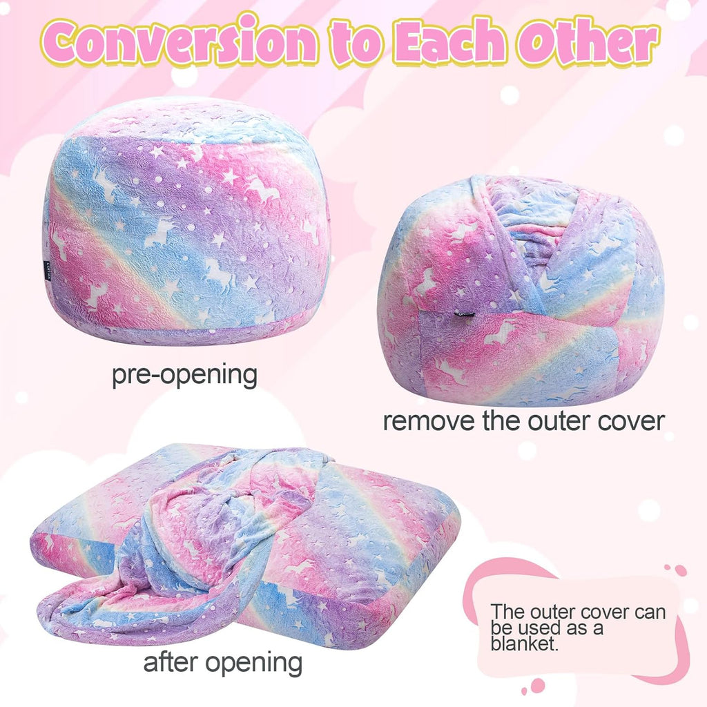 COMAX Bean Bag Chair for Kids, Toddler Beanbag Bed Unicorn, Convertible Children Bean Chair to Floor Mattress with Filler, Stuffed Child Bean Bags for Girl Boy Sleeping, Colorful Rainbow
