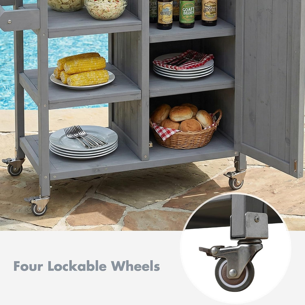 40 Sturdy Fir Wood Garden Table for Planting, Planter Bench with Foldable Top, Outdoor Storage Cabinets with Lockable Wheels for Patio Cooking, Grey