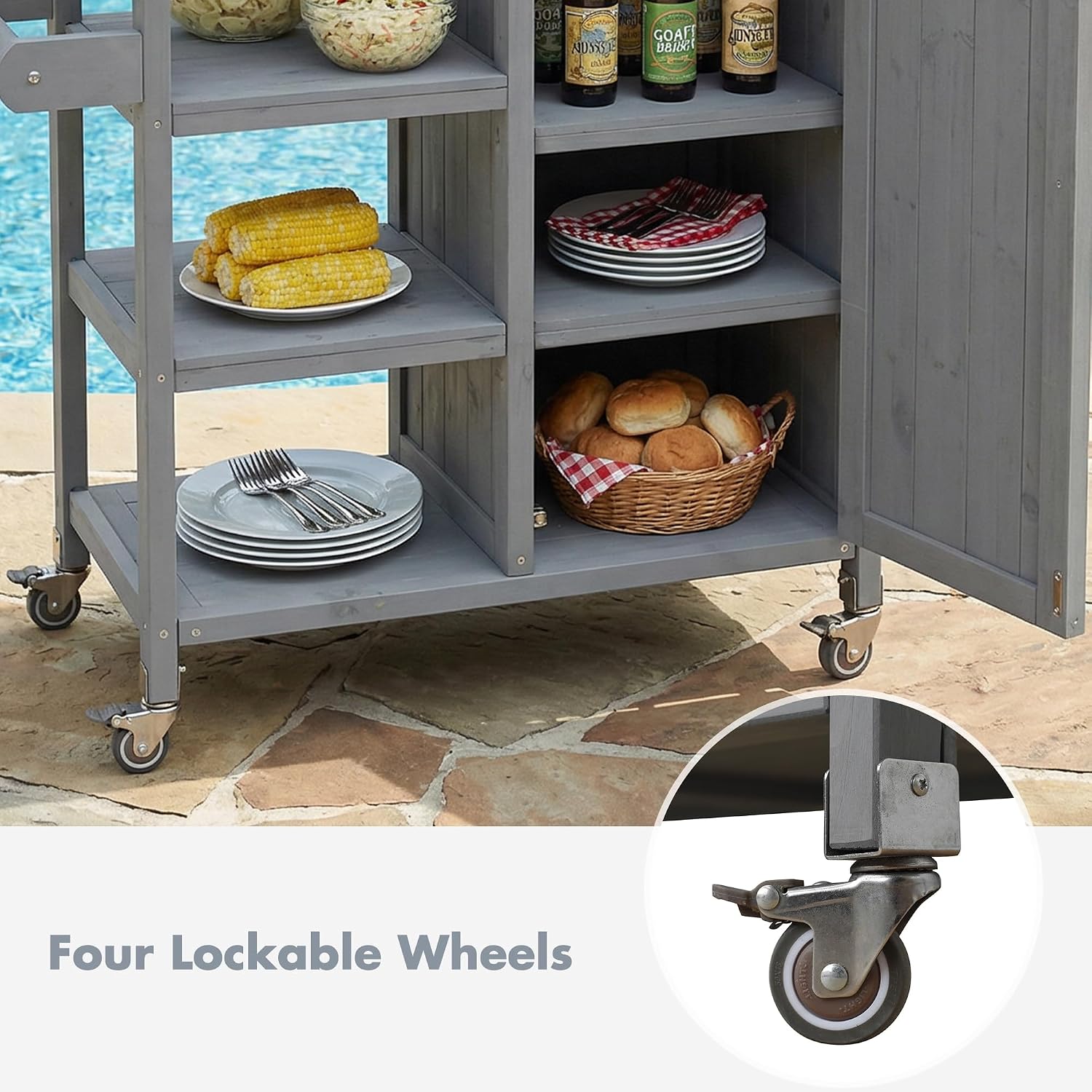 40 Sturdy Fir Wood Garden Table for Planting, Planter Bench with Foldable Top, Outdoor Storage Cabinets with Lockable Wheels for Patio Cooking, Grey