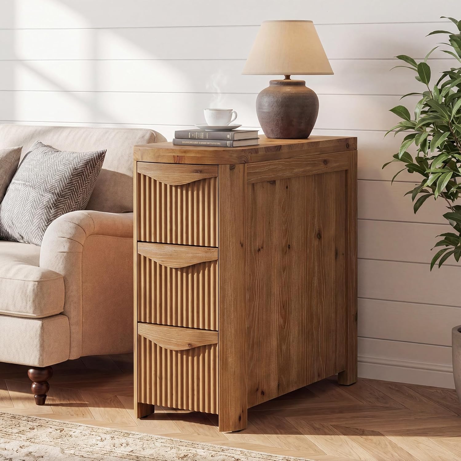Solid Wood End Table with 3 Drawers, 24" Farmhouse Fluted Narrow Side Table, Slim Sofa Side Table for Small Spaces, Rustic Nightstand with Storage for Living Room Bedroom
