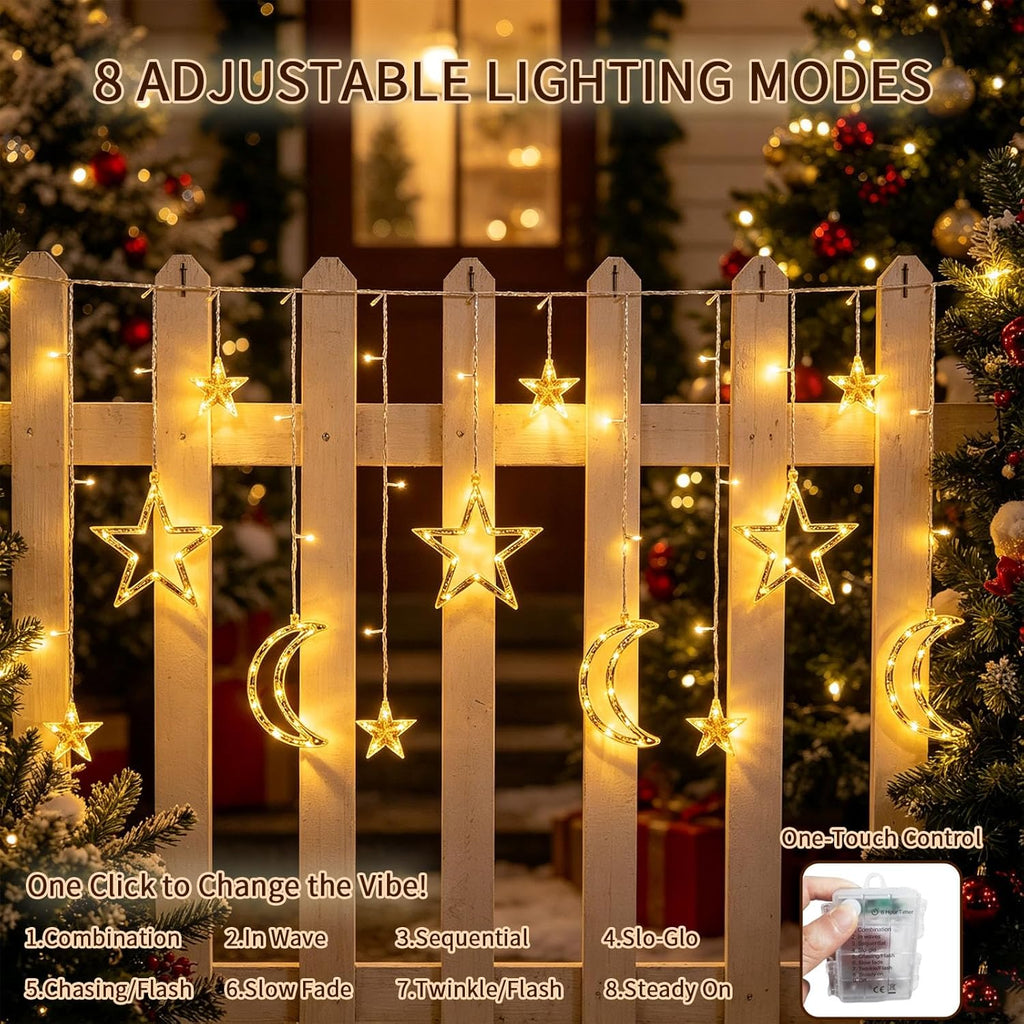 Moon Star Curtain String Lights, 11.5ft 120LED Moon Fairy Lights with USB & Battery Operated(Not Include) 8 Lighting Modes IP65 Waterproof Starry Night Lights for Christmas Ramadan Wedding Birthday