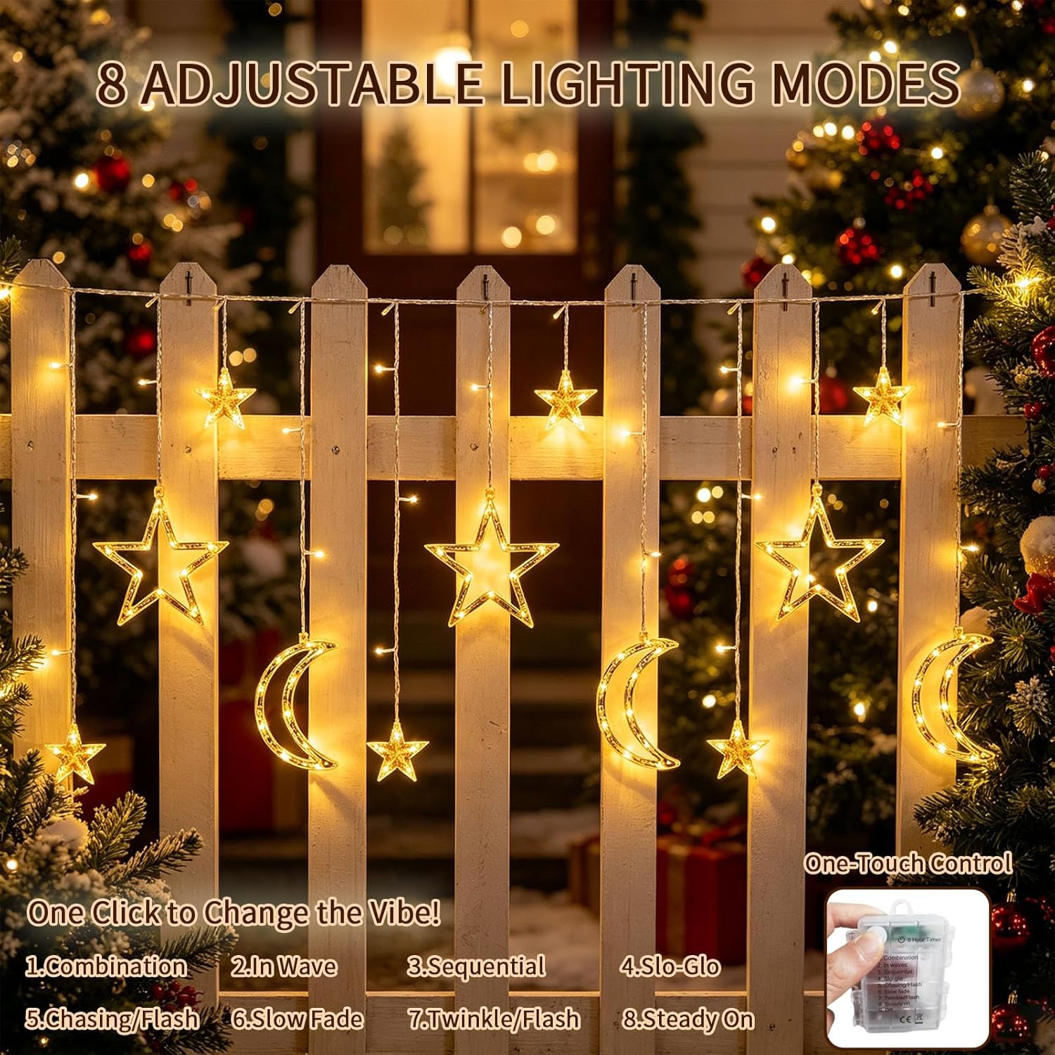 Moon Star Curtain String Lights, 11.5ft 120LED Moon Fairy Lights with USB & Battery Operated(Not Include) 8 Lighting Modes IP65 Waterproof Starry Night Lights for Christmas Ramadan Wedding Birthday