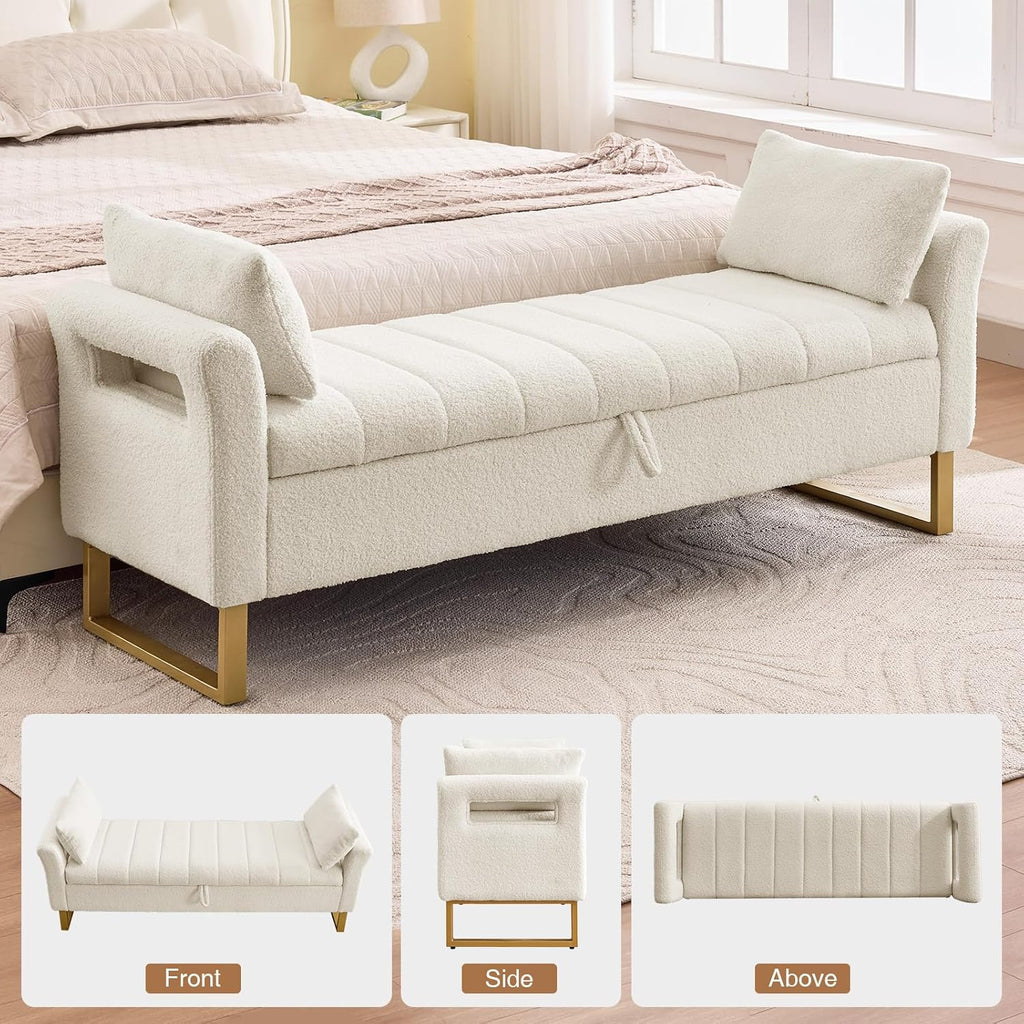 66'' King Size Storage Bench for Bedroom End of Bed, Bedroom Benches for Foot of Bed King with Gold Legs, Cream White Storage Ottoman Bench with Storage for Bedroom, Teddy
