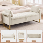 66'' King Size Storage Bench for Bedroom End of Bed, Bedroom Benches for Foot of Bed King with Gold Legs, Cream White Storage Ottoman Bench with Storage for Bedroom, Teddy