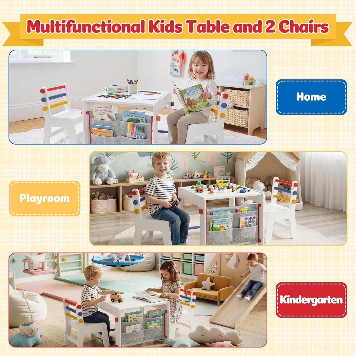 DOREROOM Kids Table and Chair Set 4-in-1 with Storage, Wooden Activity Table for Crafts, Arts, Drawing, Reading, Toddler Furniture for Playroom, Nursery, Gift for Boys & Girls (Age 3+)