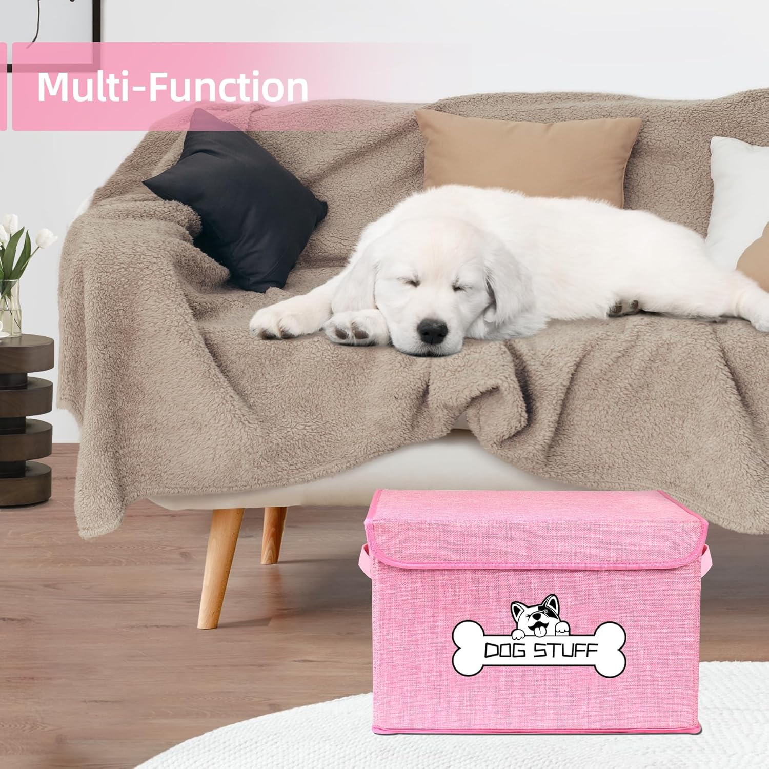 Fabric Dog Toy Box with Lid, Collapsible Storage Bin, Basket Organizer with Handle for Dog Toys, Blankets and Accessories, Pink