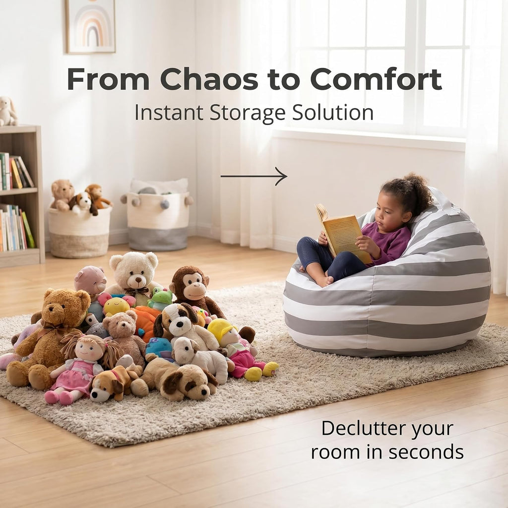 Amzlink® Stuffed Animal Storage Bean Bag Chair Cover for Kids - Stuffable Zipper Beanbag for Organizing Children Plush Toys, Heavy Duty Large Cotton Canvas, Grey, Ideal for Bedroom Playroom Classroom