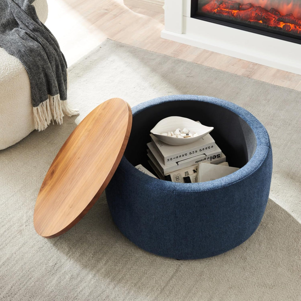 Round Storage Ottoman, 2 in 1 Multifunctional Ottoman, End Table & Footrest Stool with Hidden Storage for Living Room Bedroom Entryway (Navy)