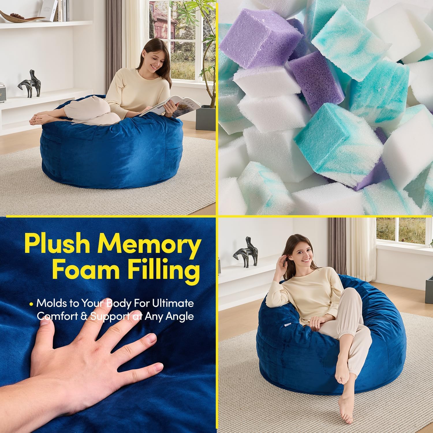 Bean Bag Chair 3ft Memory Foam Sack with Removable Velvet Cover, Ultra Soft Fabric, High Rebound Foam Filling, Portable Lazy Sofa for Adults & Teens, Navy Blue