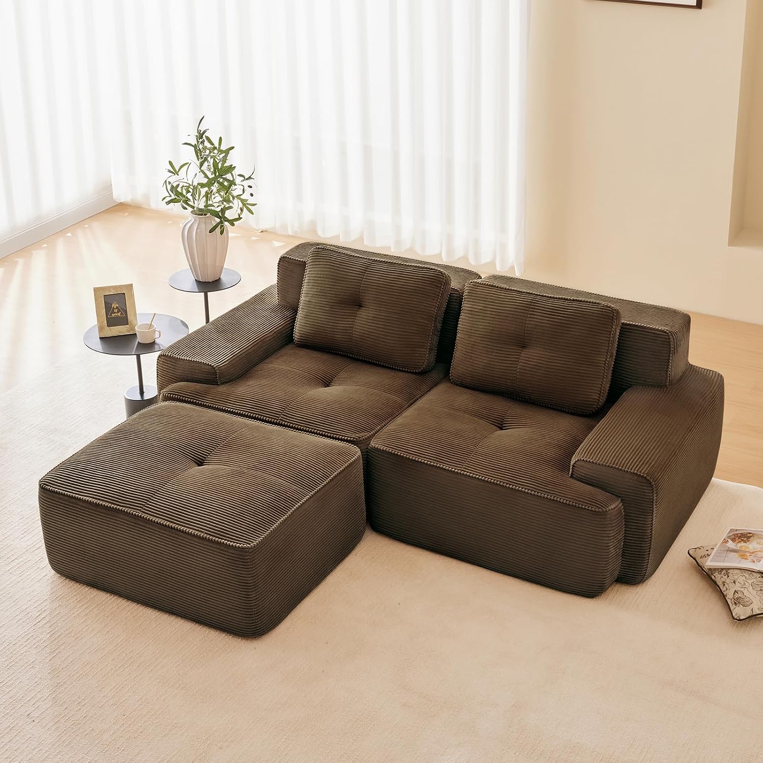 Brown Ottoman for Modular Sectional Sofa, Corduroy Deep Seat for Oversized Compressed Boneless Sectional Couches for Living Room Bedroom Apartment, Cloud Sofa Couch, Memory Foam, No Assembly