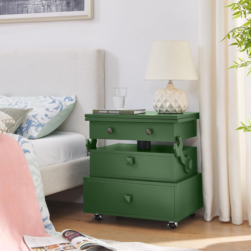 HRVEOCEI Lift Top End Tables with Storage Drawers & Charging Station, Green Side Tables with Wheels for Living Room Bedroom Small Spaces, Adjustable Hight| Flip Design| Easy Move (Green, Wood)