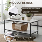 SUPER DEAL 2-Tier Coffee Table with Storage Shelf for Small Apartment Living Room, Rectangle Wood and Stable Metal TV Stand Side End Table, White Marble
