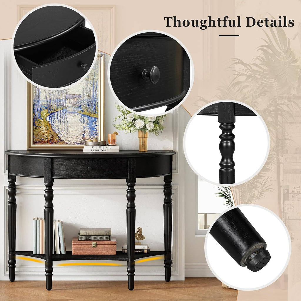 LUMISOL Rustic Console Table with Drawer and Shelf, Half Moon Sofa Table Behind Couch for Living Room, Farmhouse Accent Table for Entryway Hallway Foyer, Black
