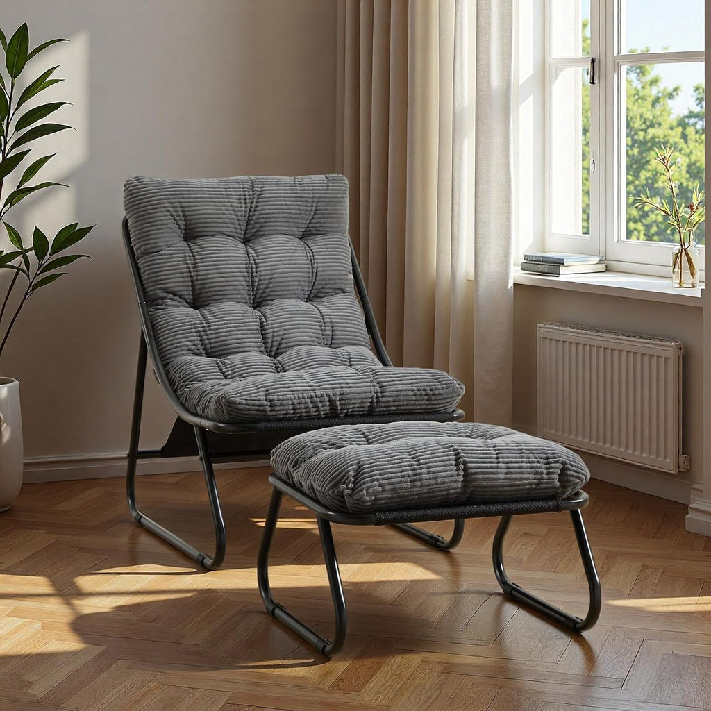 Patio Outdoor Lounge Chair with Ottoman, Armless Lounge Chair with Black Metal Frame & Cushion, Corduroy Upholstered Tufted Accent Chair with Matching Ottoman for Living Room, Grey