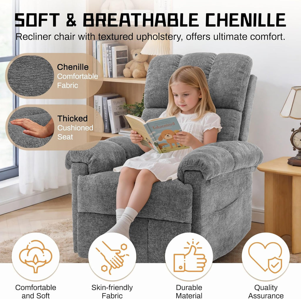Korser Recliner Chair, Living Room Recliner Chairs for Adults, Small Recliners for Small Spaces, Upholstered Manual Recliner with Side Pockets, Modern Nursery Chair for Living Room, Chenille, Grey