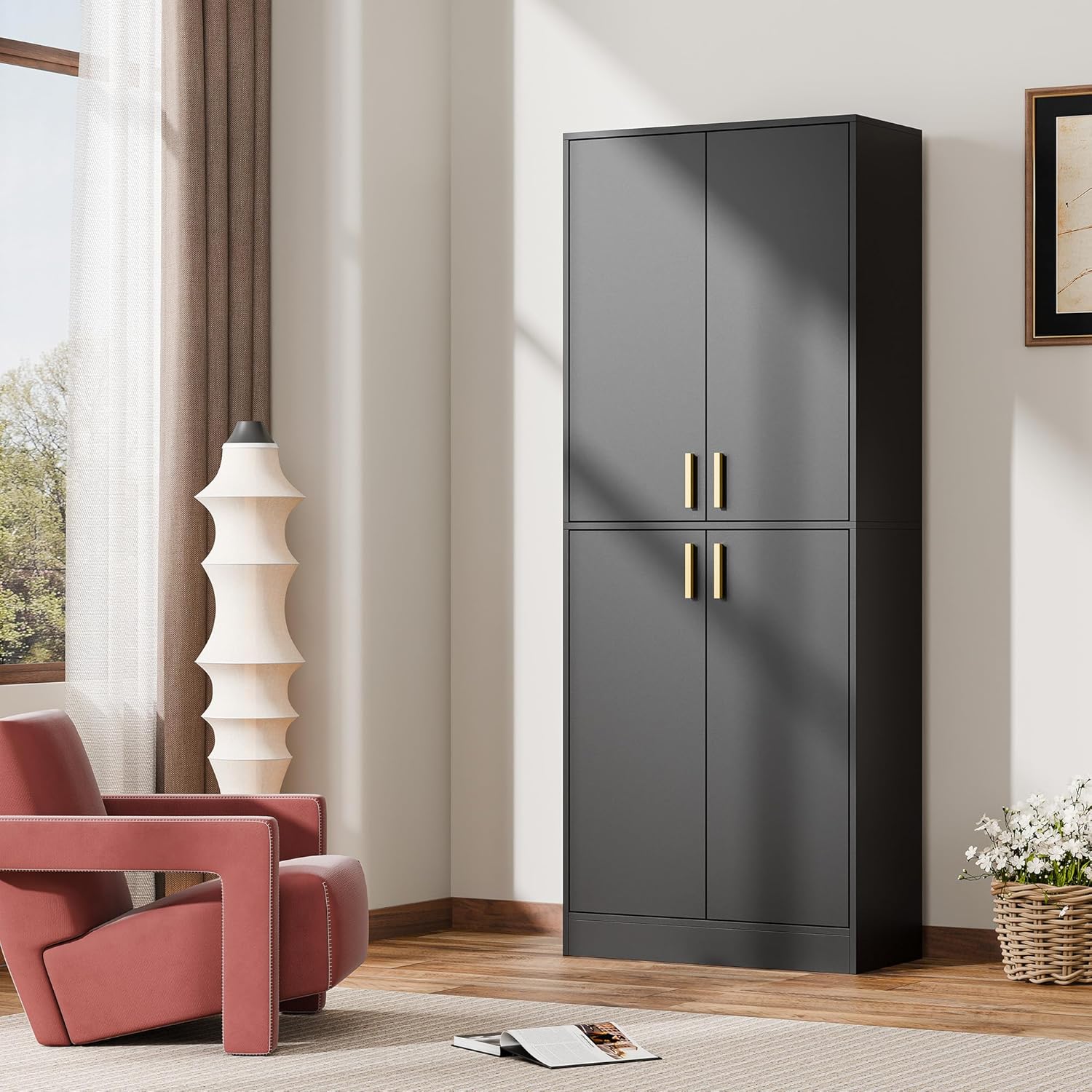 Cozy Castle Kitchen Pantry Cabinet, 71" Tall Wood Storage Cabinet with Doors and Shelves 4 Doors Freestanding Cupboard for Dining Room Living Room Furniture, Black | Wood Storage Cabinet