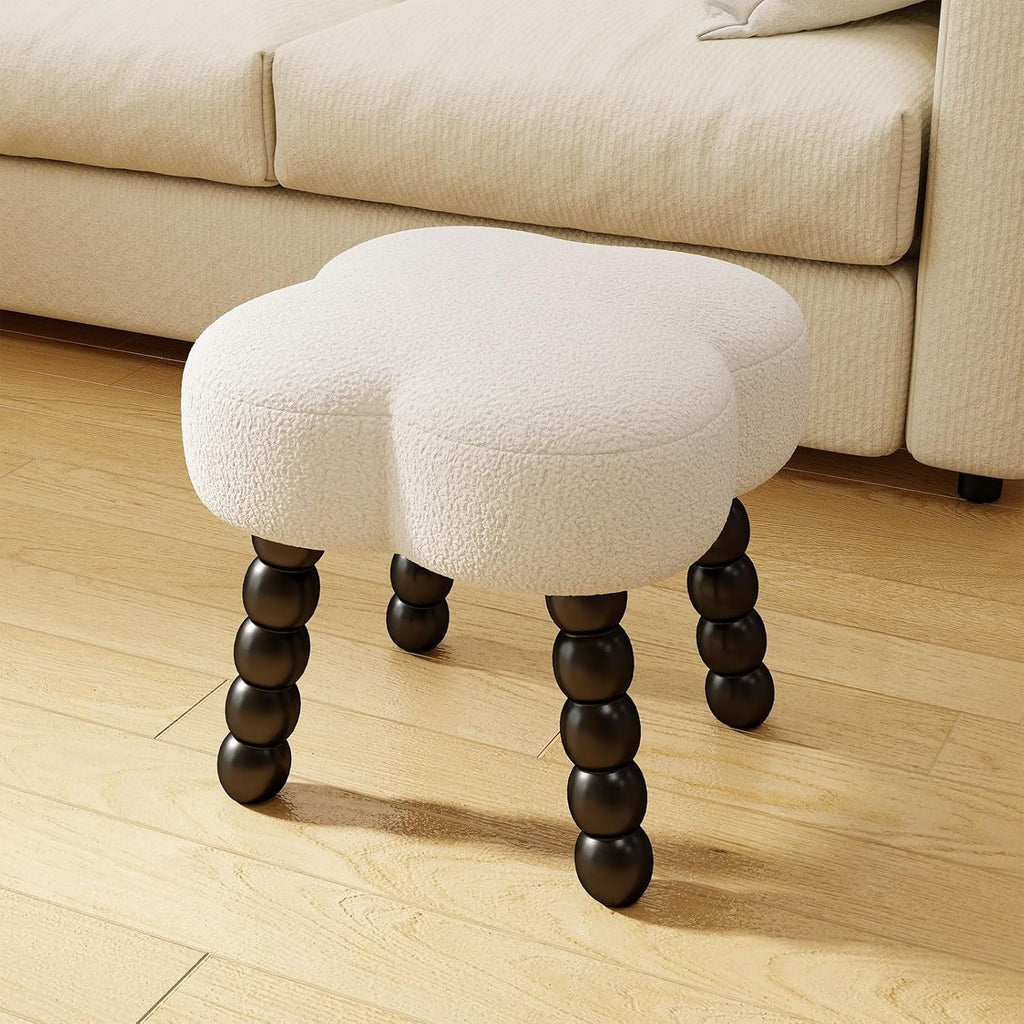 White Ottoman, Small Footrest with Storage Space, Unique Shaped Ottoman with Wood Legs，Faux Teddy Fur(Clover-White)