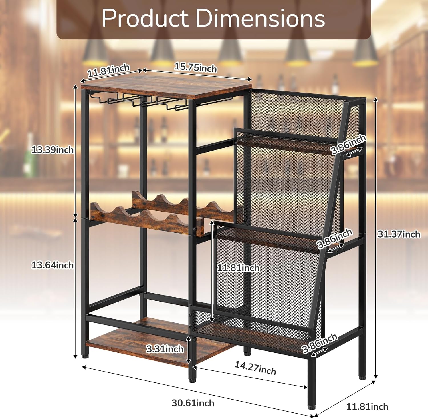 Versatile Liquor Stand for Home Bar, Wine Rack Freestanding Floor, Mini Bar Table for Liquor Whiskey Wine, 3-Tier Trapezoidal Liquor Bottle Display Shelf with Glass Holder and Fences(Patent Pending)